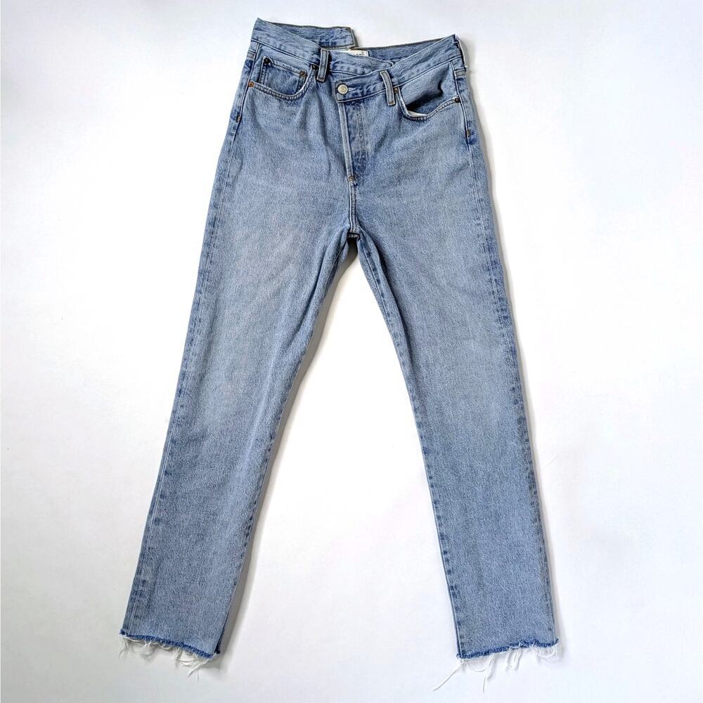 Agolde Criss Cross Jeans 27 Blue Straight Leg Asymmetric Waist Raw Hem Organic